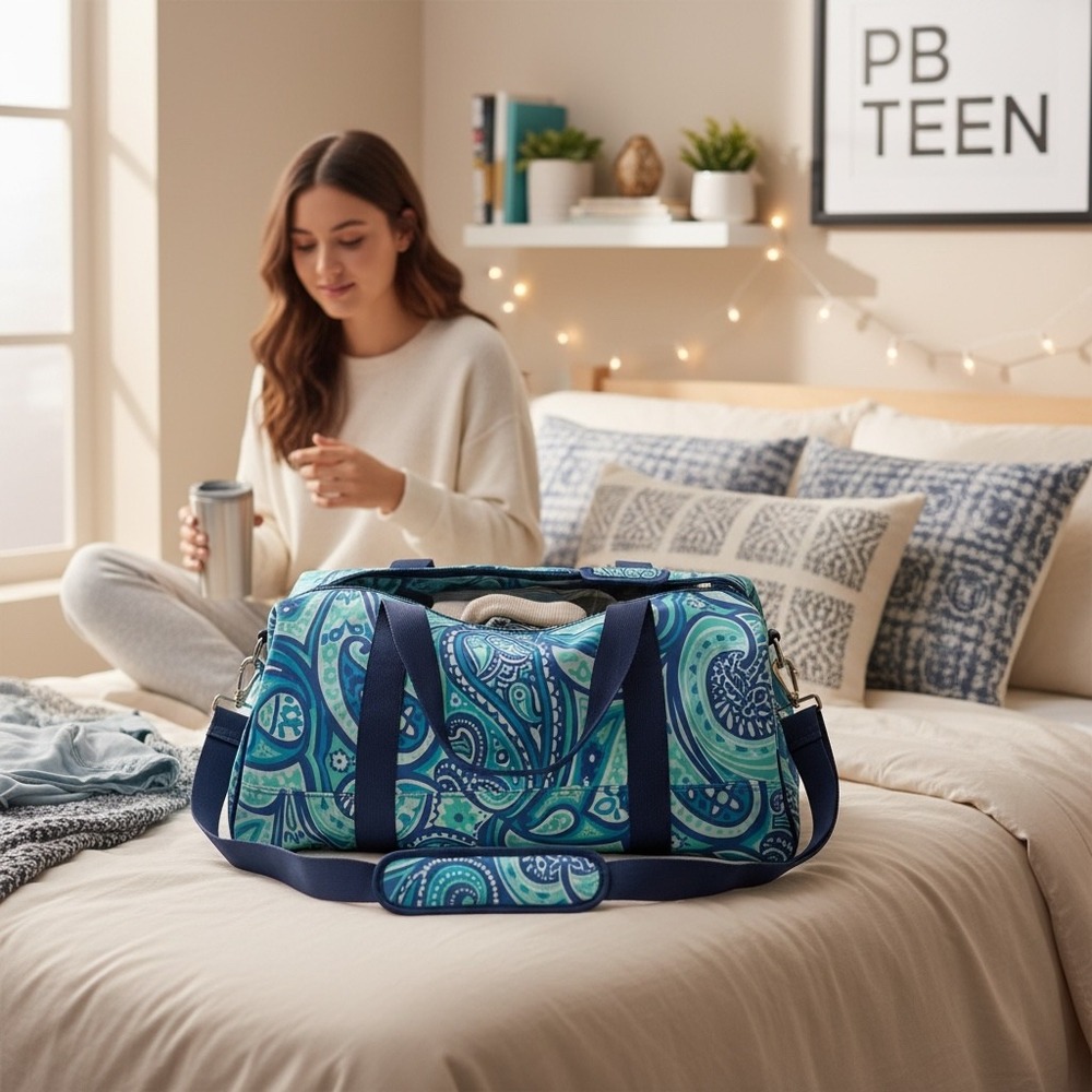 PBteen Blue Teal Paisley Canvas Duffel Bag Travel Gym Weekender Carry On